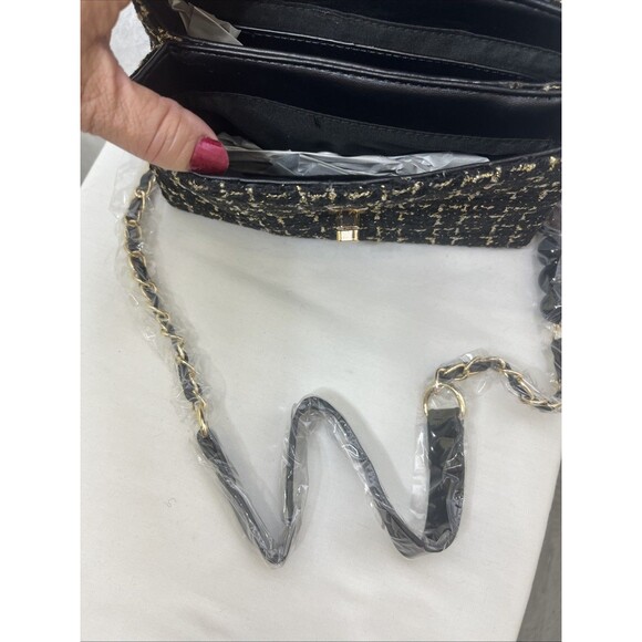 Bagley Mischka Textured Messenger Bag Tweed Black Gold Vegan Leather NEW - Picture 6 of 9